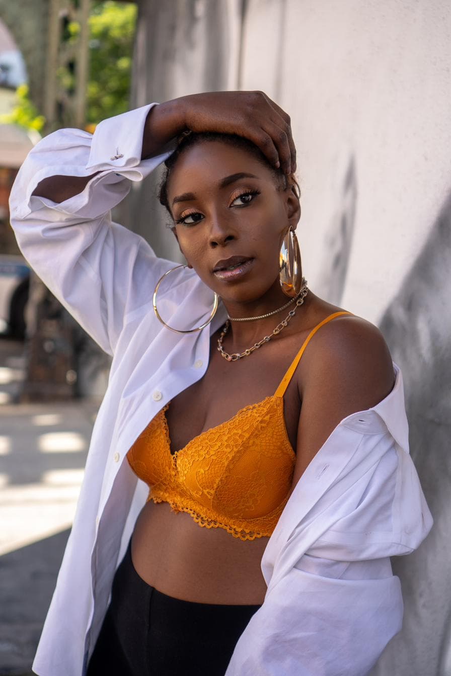 Street portrait, golden hour, bralette and oversized shirt